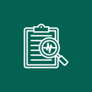 Clipboard with magnifying glass and heartbeat icon.