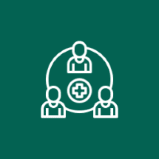 Three people connected with medical symbol icon.